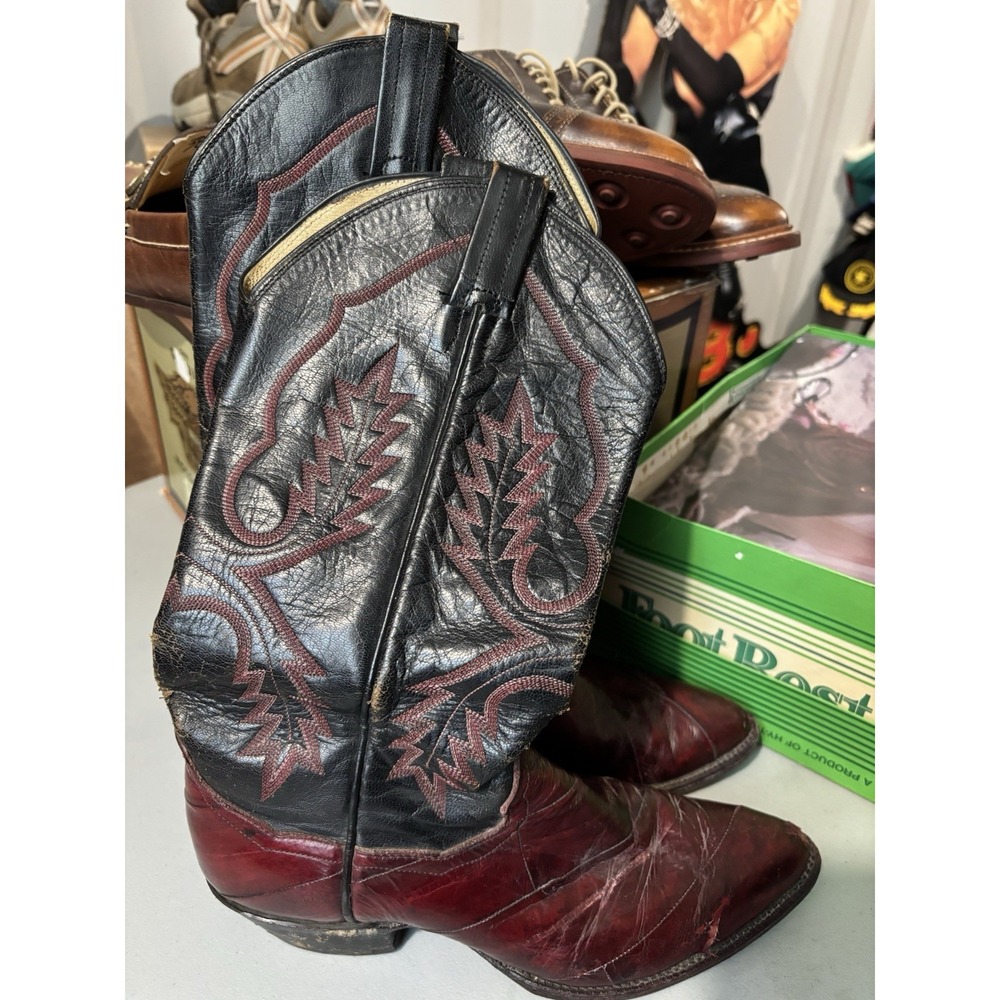 Vintage Panhandle Slim  Cowgirl‎ Red Black Embossed Boots 8B Flame Stitch